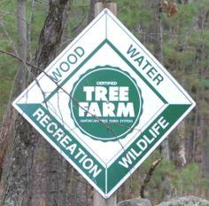Forestry sign with Saying Food, Water, Recreation, Wildlife on oustide and the words Tree Farm on the inside.