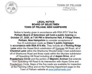 Public Hearing Notice picture of Road acceptance of 5 roads