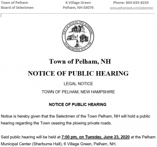 Picture of Public hearing notice of ceasing plowing of pubic roads at 7:00 PM on Tuesday, June 23, 2020 in Sherburne Hall