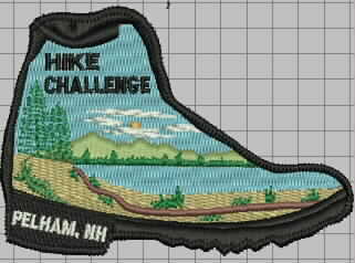 Hike Challenge Patch in the Shpe of a boot with outdoor scenery inside 