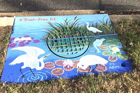 Picture of a storm Drain in DC with a mural painted around it